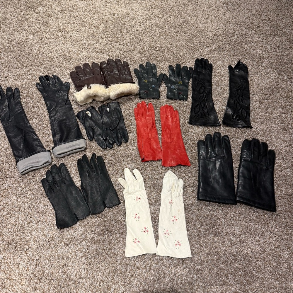 Vintage Leather Gloves Mens Womens Collection Genuine Rabbit Fur Embroidered